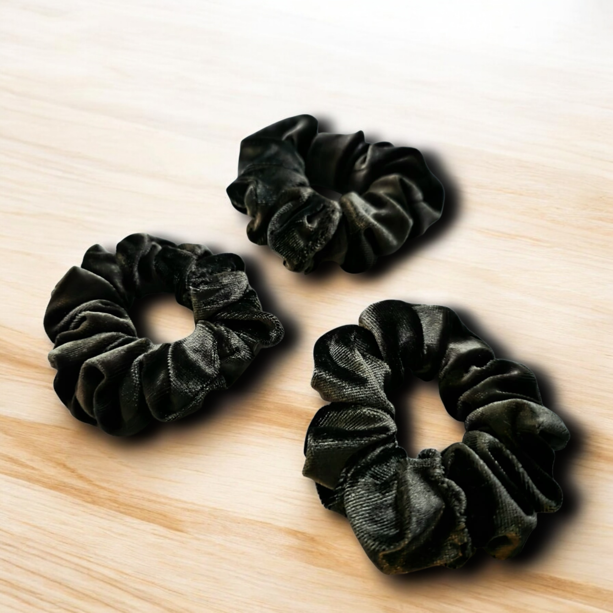 Soft green velvet hair scrunchies perfect for natural hair x 3